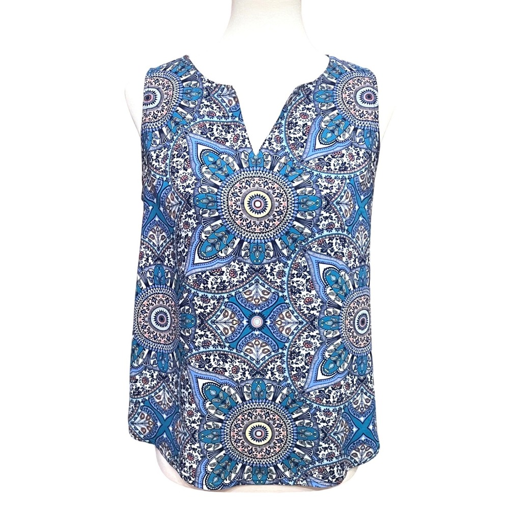 Artsy Renee C. Blue Mandala Paisley V-Neck Sleeveless Split Back Top S USA‎ Made